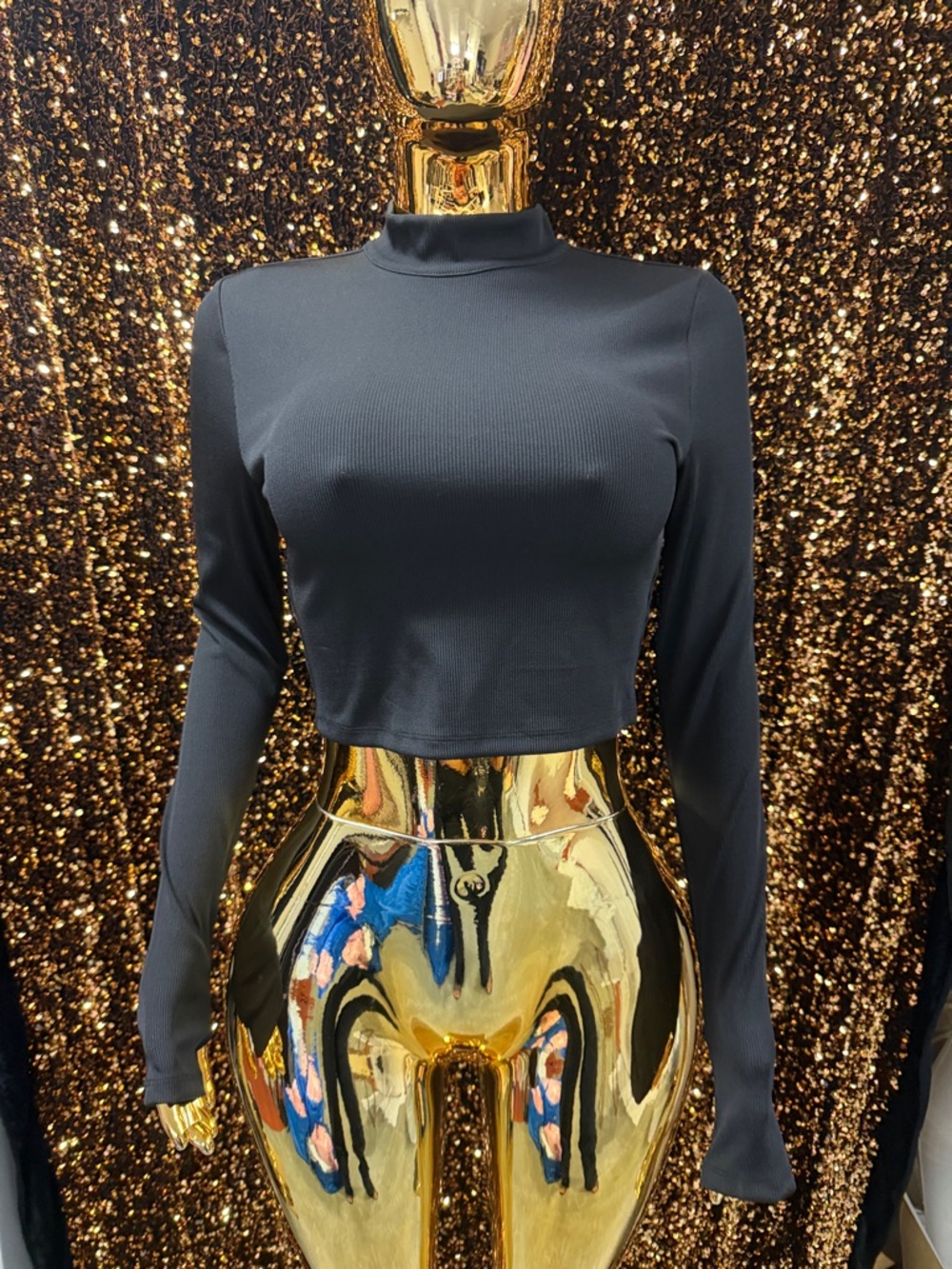 Alice + Olivia Black Long-Sleeve Mock Neck Crop Top